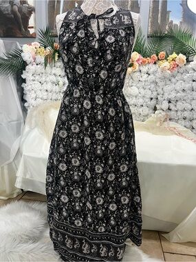 Lucky Brand Black and White, tan  Floral Midi Dress